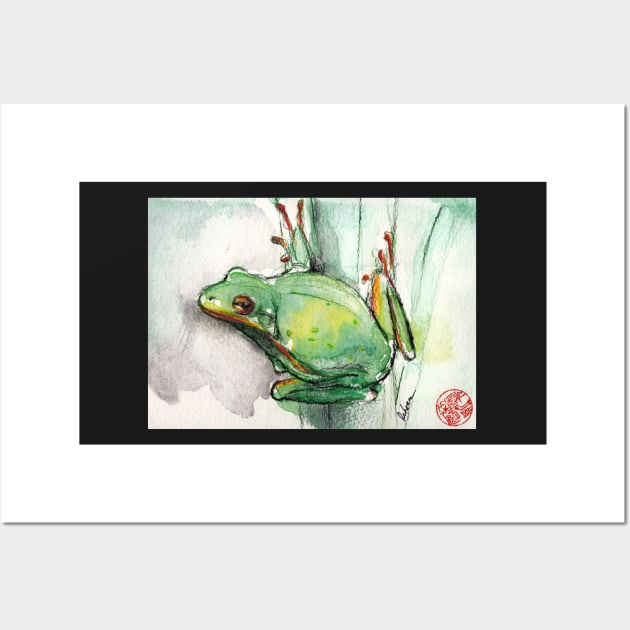 Green Tree Frog - watercolor and prisma pencil painting Wall Art by tranquilwaters